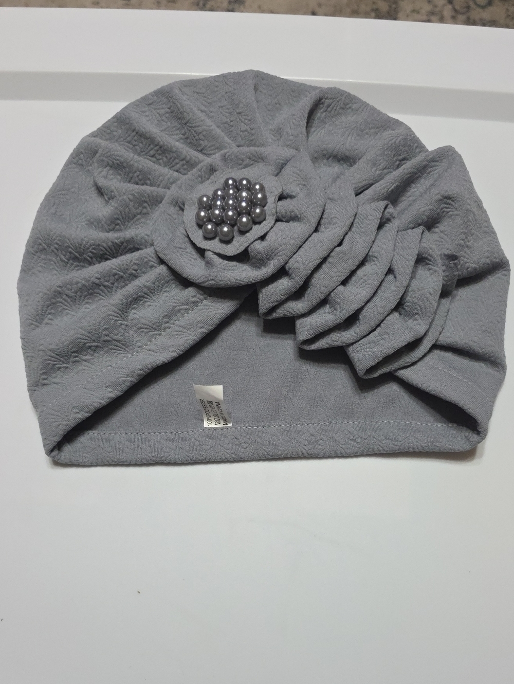 Elegant Gray Floral Turban Hat with Pearl Accent
